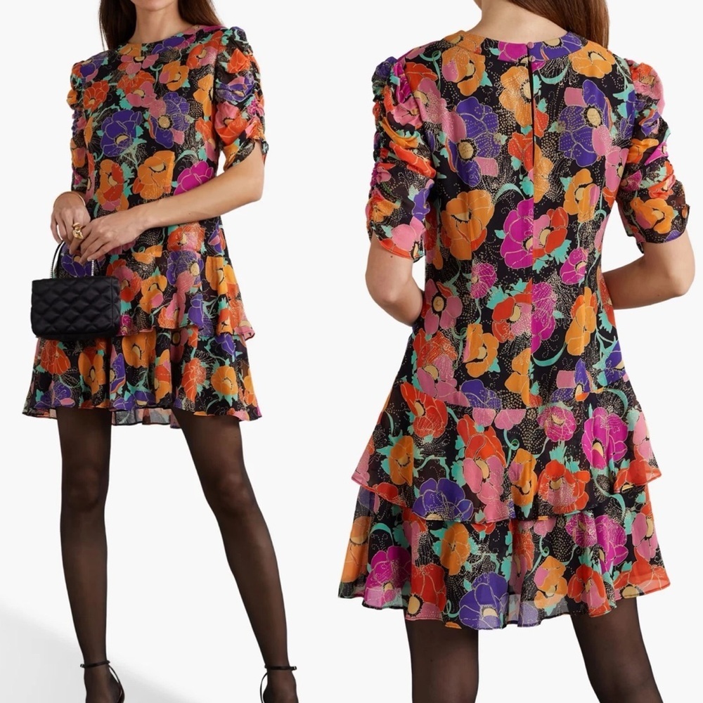 RIXO Dion Ruffled Glittered Floral-Print Georgette Mini Dress In Multi Sz US 4